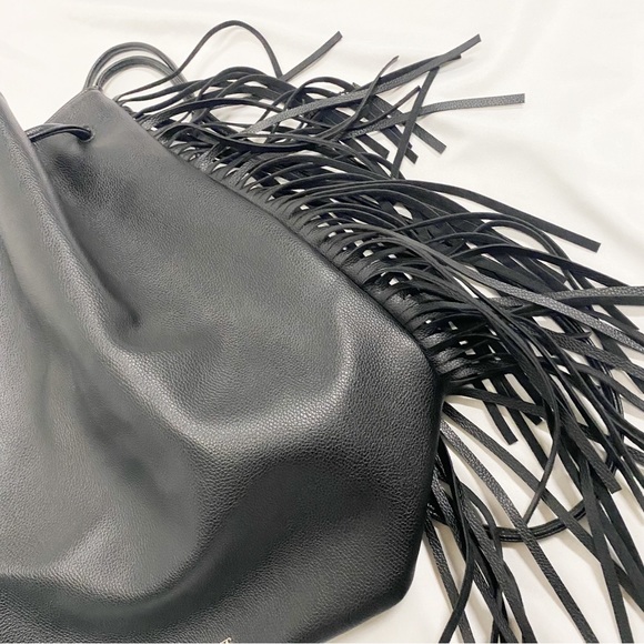 Victoria’s Secret Black Fringe Bohemian Festival Backpack Bucket Drawstring Bag - Picture 7 of 8